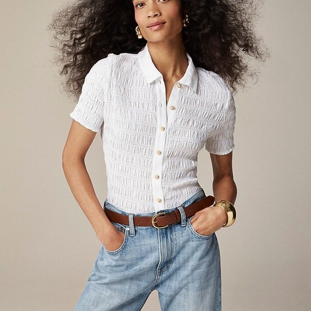 J Crew Smocked button-up shirt cotton-blend voile light blue short sleeve BU278 - Picture 7 of 8